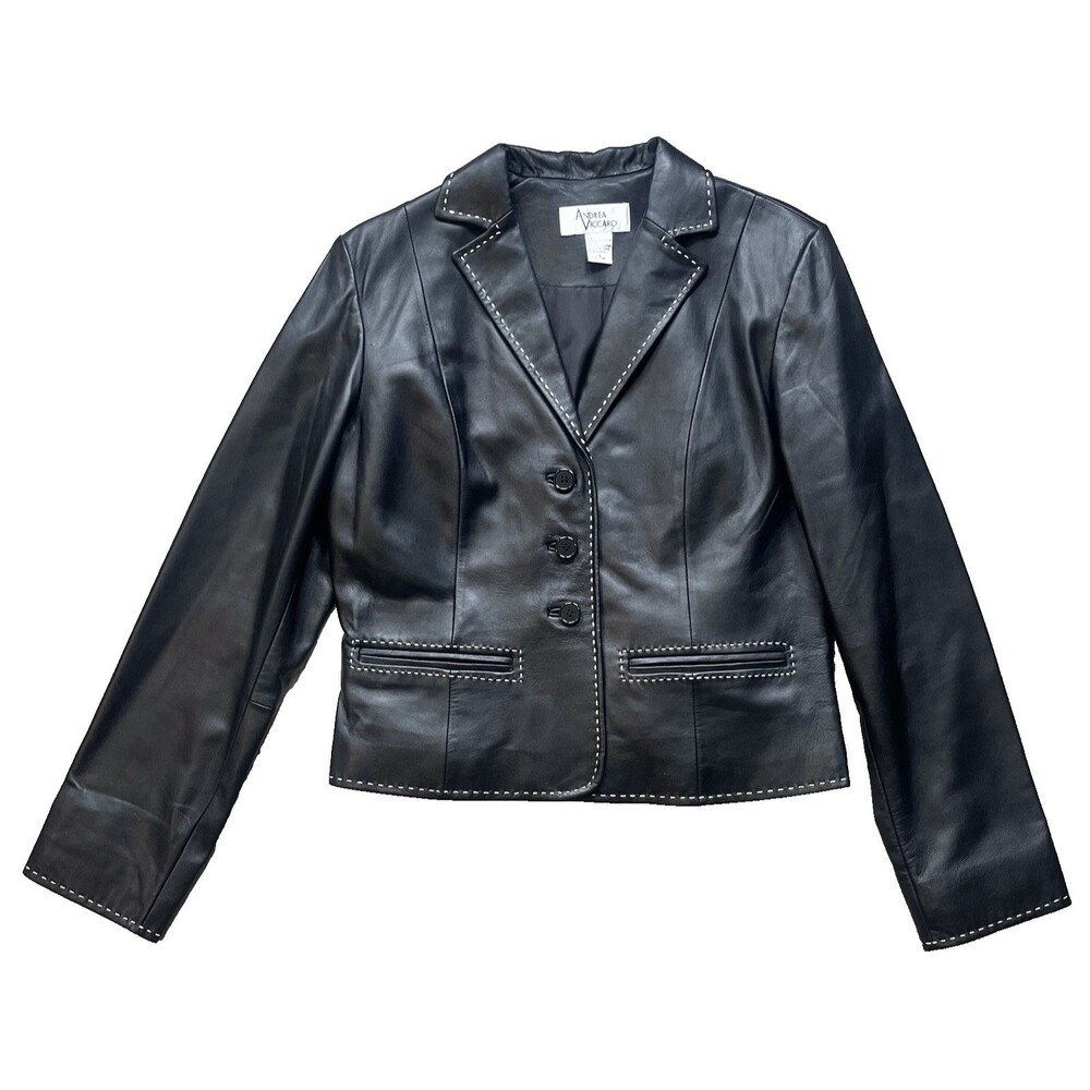 Andrea Viccaro Genuine Soft Leather Jacket Women’s Large Black Button Front Coat